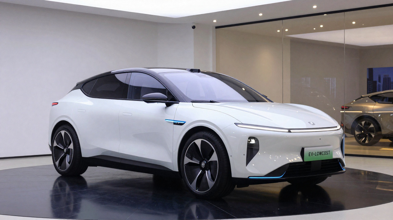 Carro elétrico branco moderno exibido numa sala de exposição com chão espelhado.