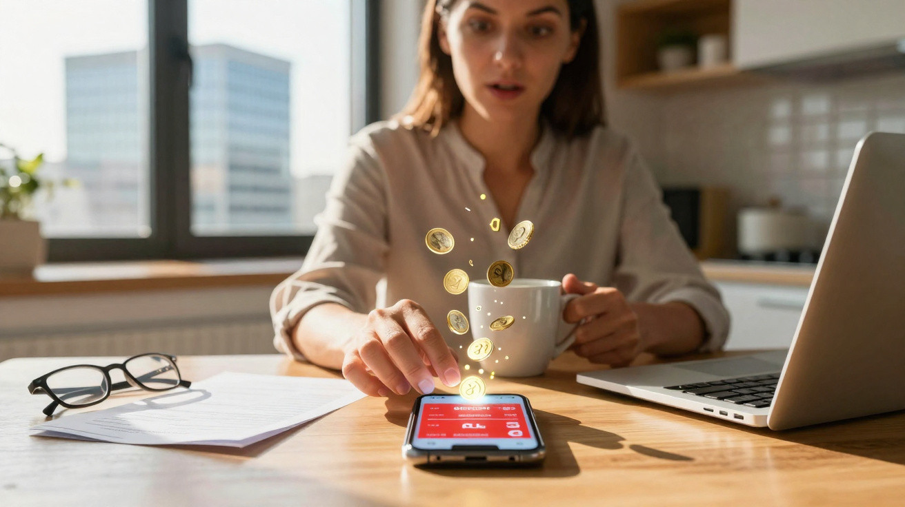 Mulher sentada a usar telemóvel com moedas digitais a flutuar, à frente de computador portátil e óculos.