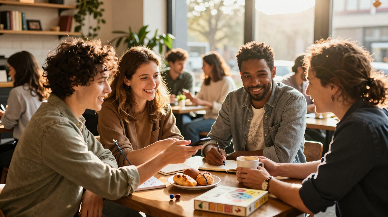 Quatro amigos sentados à mesa de um café, sorrindo e a conversar num ambiente iluminado e descontraído.