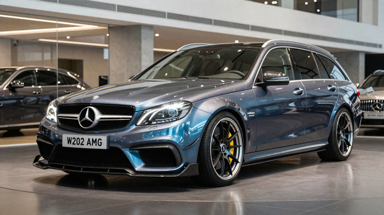Carro Mercedes-Benz AMG azul metálico estacionado em showroom moderno com rodas desportivas e travões amarelos.