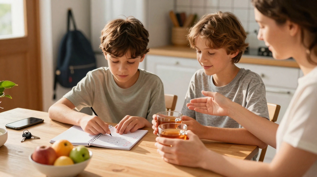 Mulher com dois meninos sentados à mesa, um a desenhar e outro a beber chá numa cozinha iluminada.