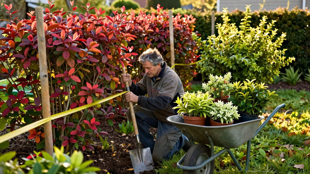 Homem a medir e plantar arbustos vermelhos num jardim com carrinho cheio de plantas.