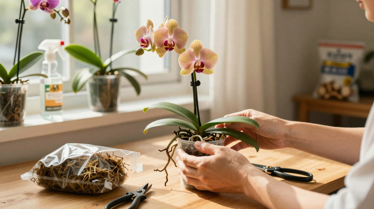 Pessoa a cuidar de orquídea amarela com detalhes rosa numa jarra de plástico numa mesa junto à janela.
