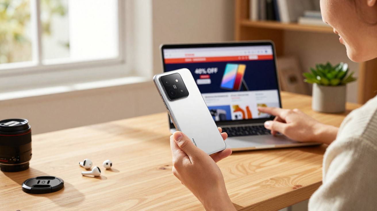 Pessoa a usar smartphone e laptop para fazer compras online numa mesa de madeira junto à janela.