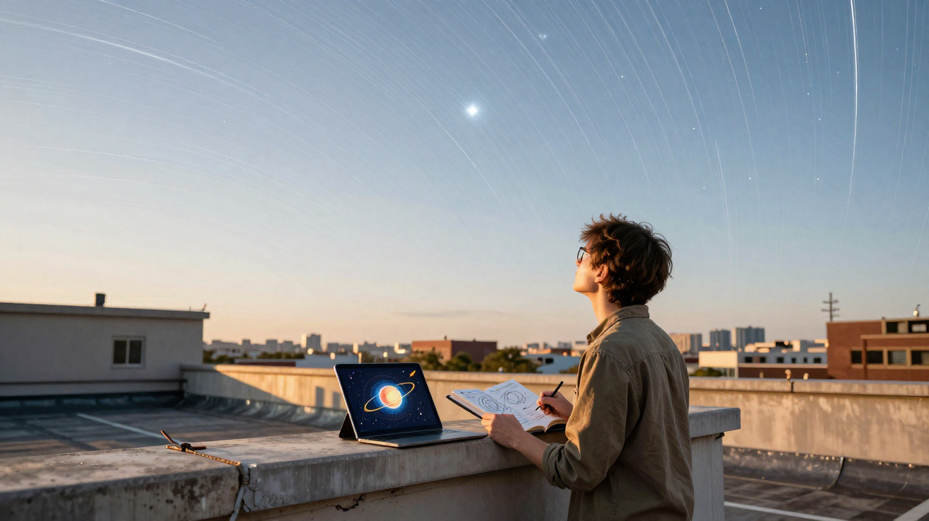 Pessoa a observar estrelas num terraço enquanto faz anotações com tablet e caderno ao entardecer.