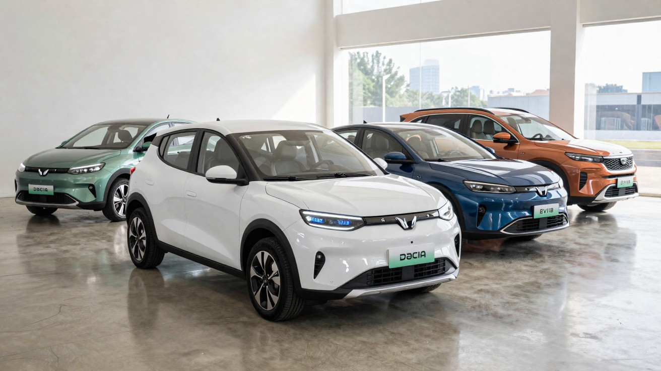 Quatro carros elétricos da Dacia, em cores branca, verde, azul e laranja, exibidos numa sala ampla e iluminada.