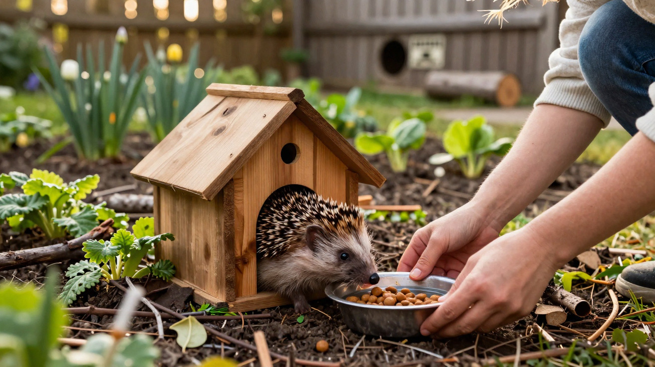 Ouriço a sair de uma casinha de madeira enquanto uma pessoa lhe oferece comida num prato no jardim.