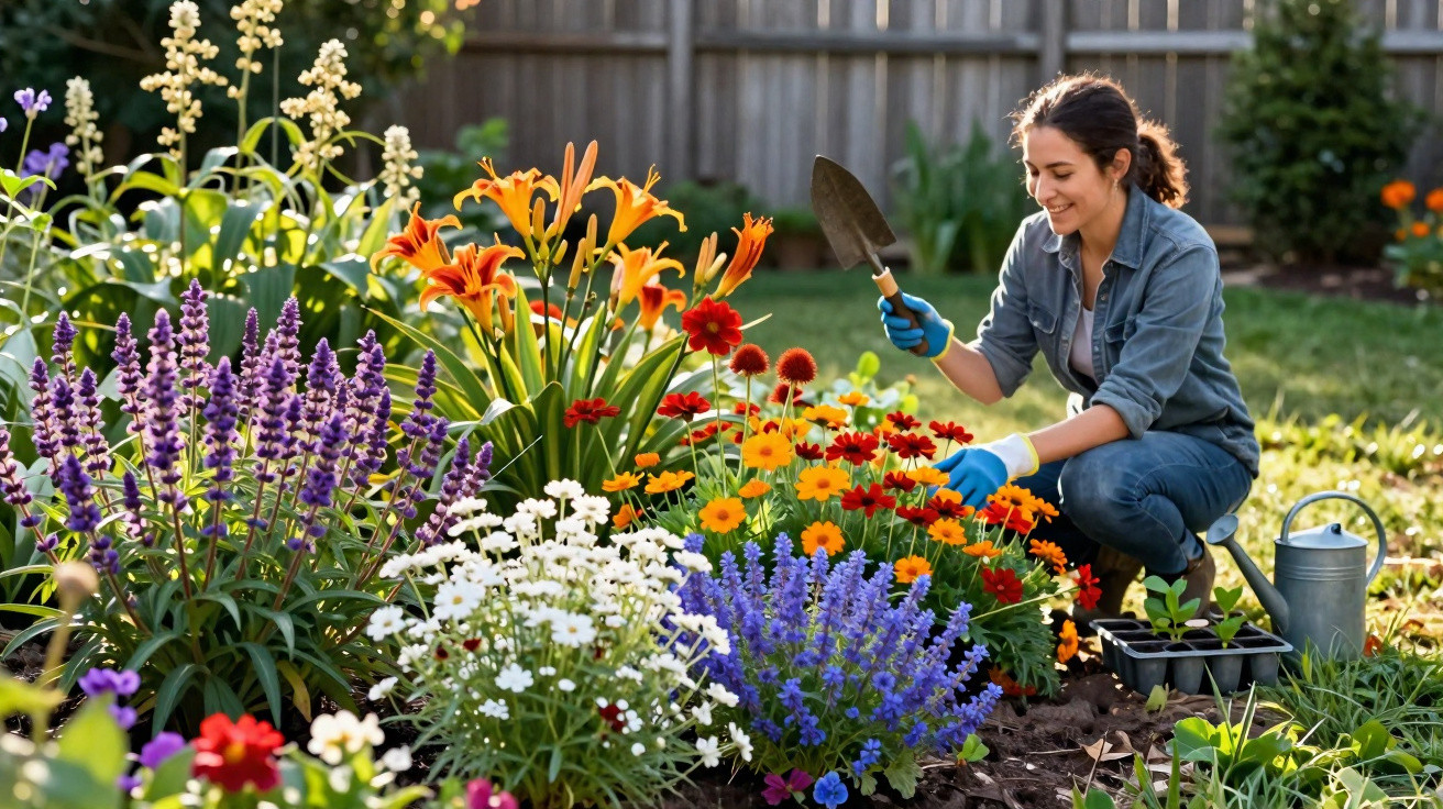 Mulher a cuidar de flores coloridas num jardim com regador e luvas de jardinagem.