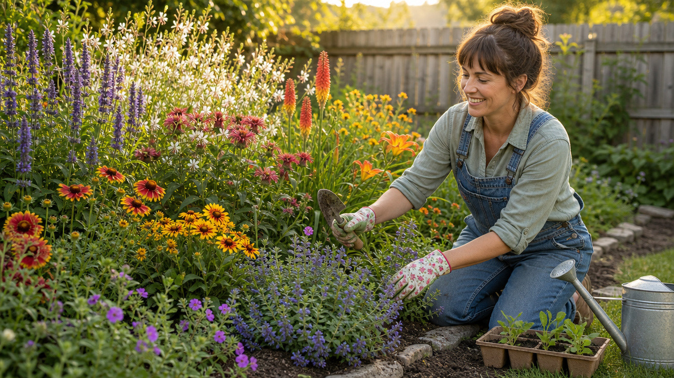 Mulher sorridente a cuidar de um jardim flores coloridas ao entardecer com luvas e ferramentas de jardinagem.