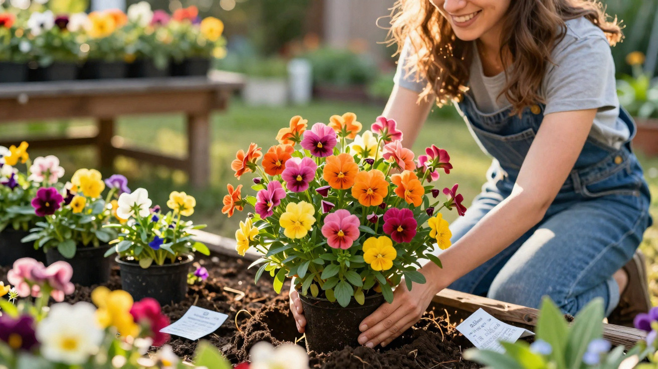 Mulher sorridente a plantar flores coloridas em vaso num jardim ensolarado.