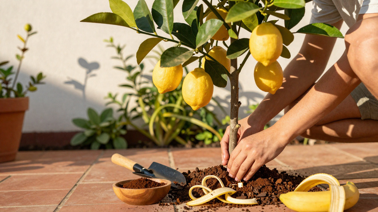Pessoa a plantar uma árvore de limão num vaso ao ar livre com bananas e terra à volta.