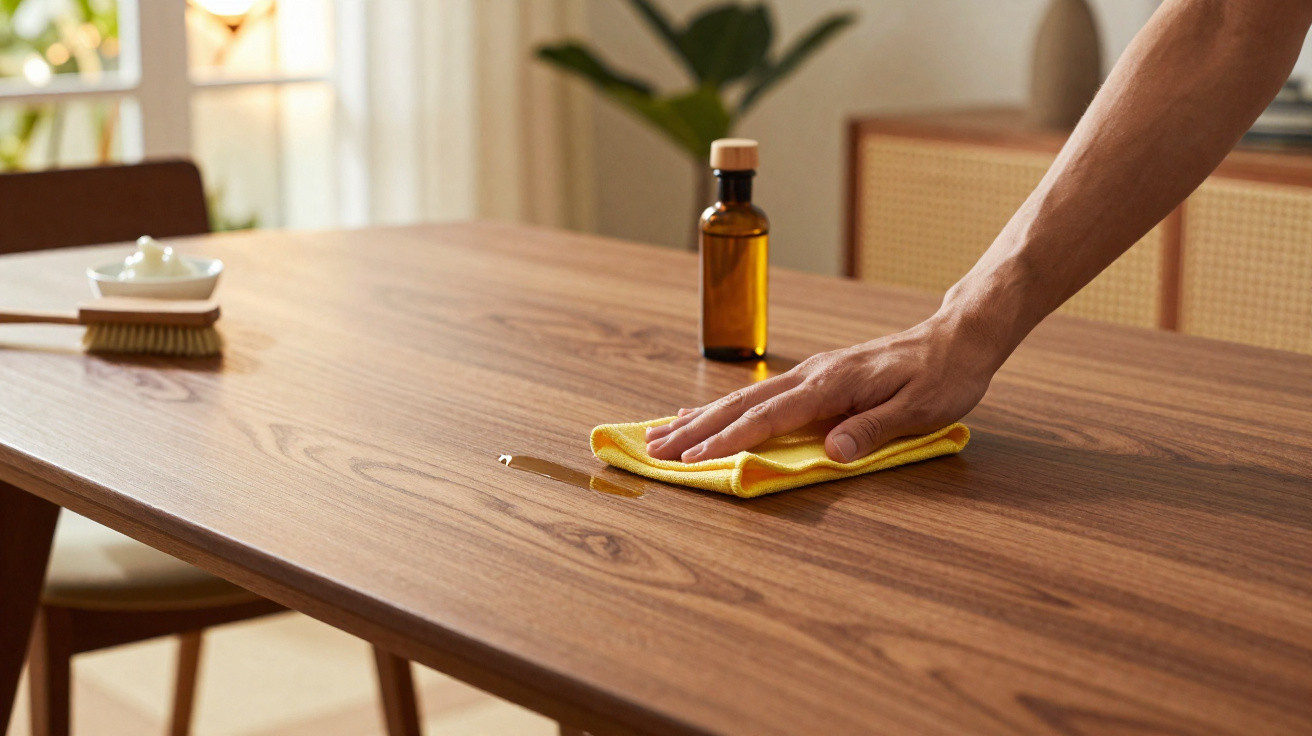 Pessoa a limpar mesa de madeira com pano amarelo, garrafa de óleo e escova no fundo desfocado.