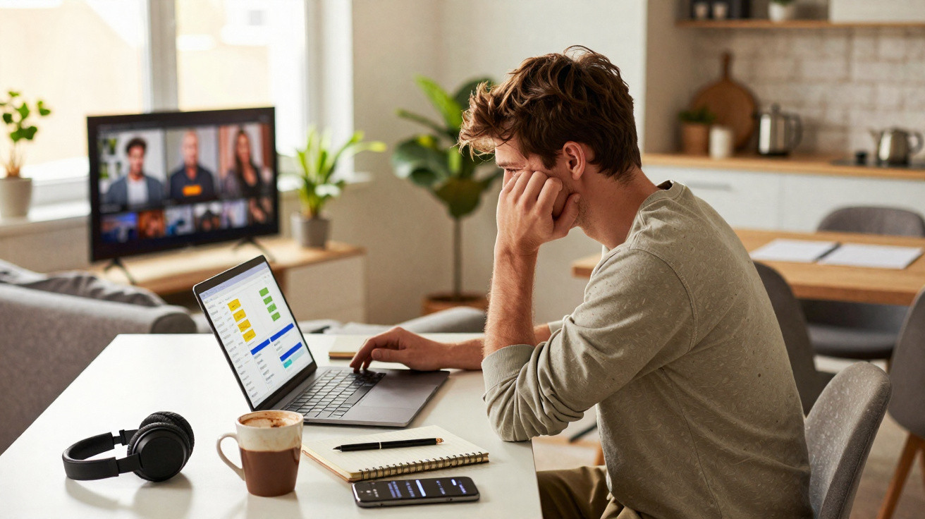 Jovem a trabalhar em laptop com gráficos, fones, café e telemóvel, numa sala com reunião virtual na televisão.