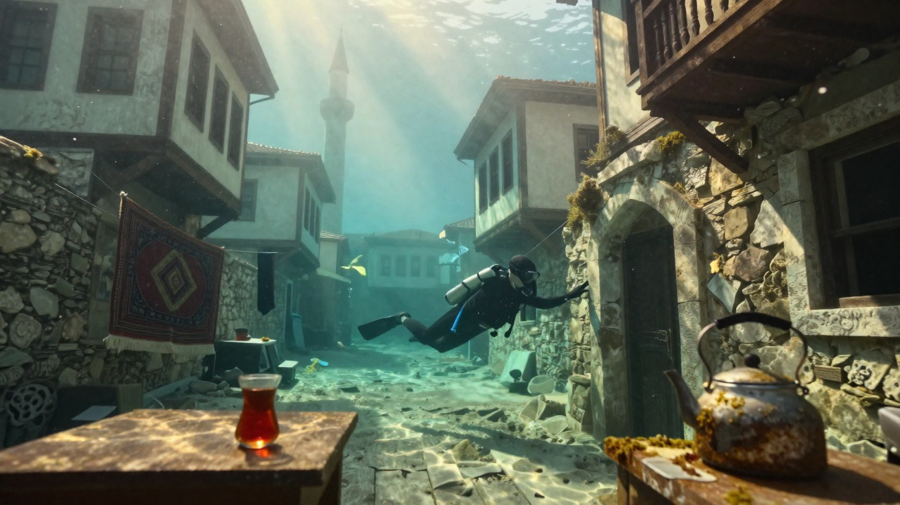 Mergulhador explora rua submersa com casas antigas, chá turco numa mesa e jarro de metal à direita.