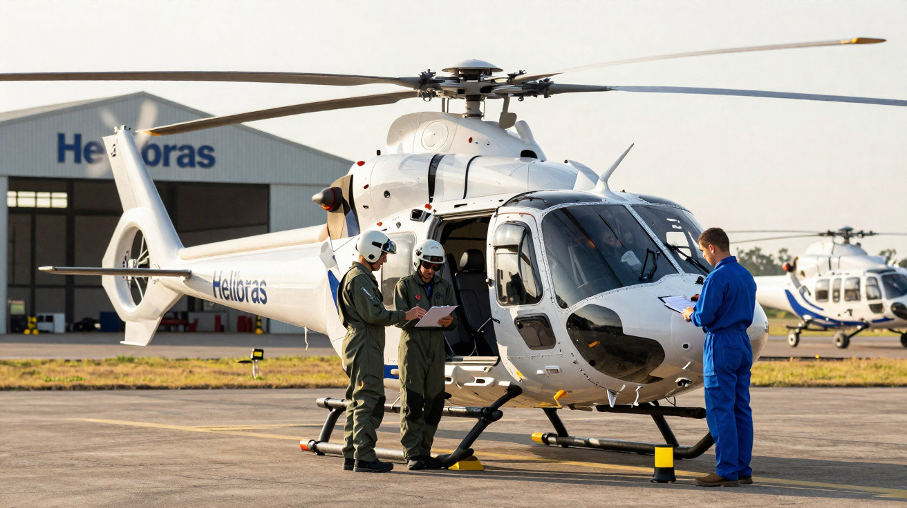 Helicóptero branco estacionado com três técnicos em equipamento de voo a preparar missão num heliporto.