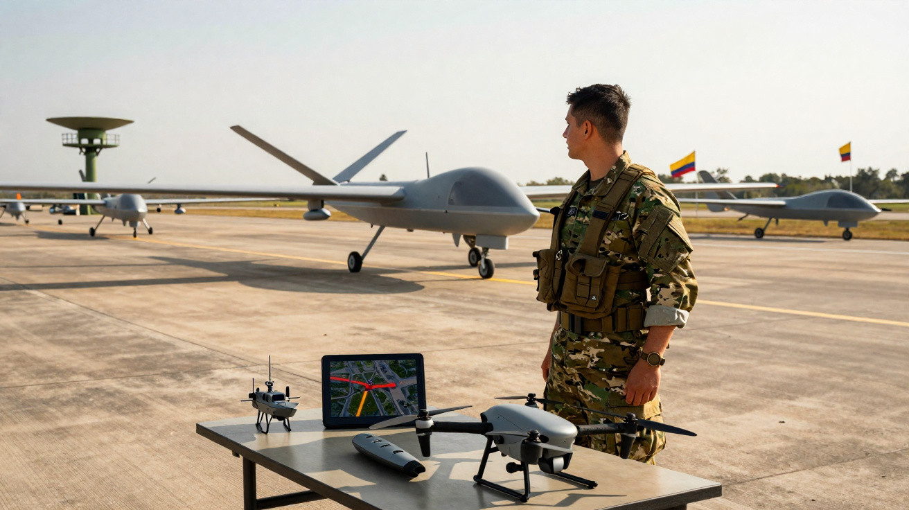 Militar em uniforme camuflado observa drones militares estacionados numa pista de aterragem durante o dia.