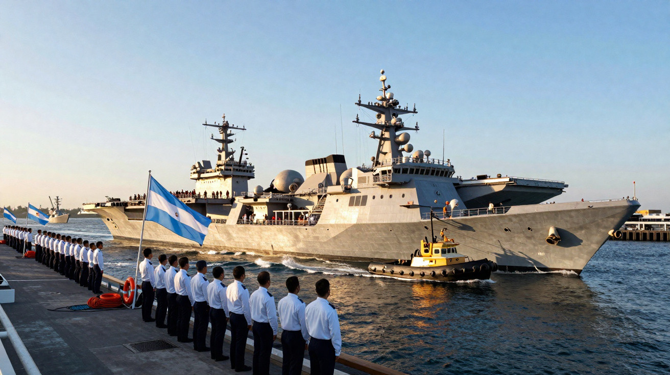 Marinheiros alinhados na doca com navios militares argentinos ao fundo ao pôr do sol.
