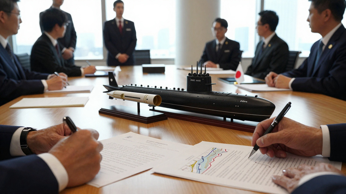 Reunião formal com modelo de submarino e documentos sobre a mesa, com várias pessoas em fato.