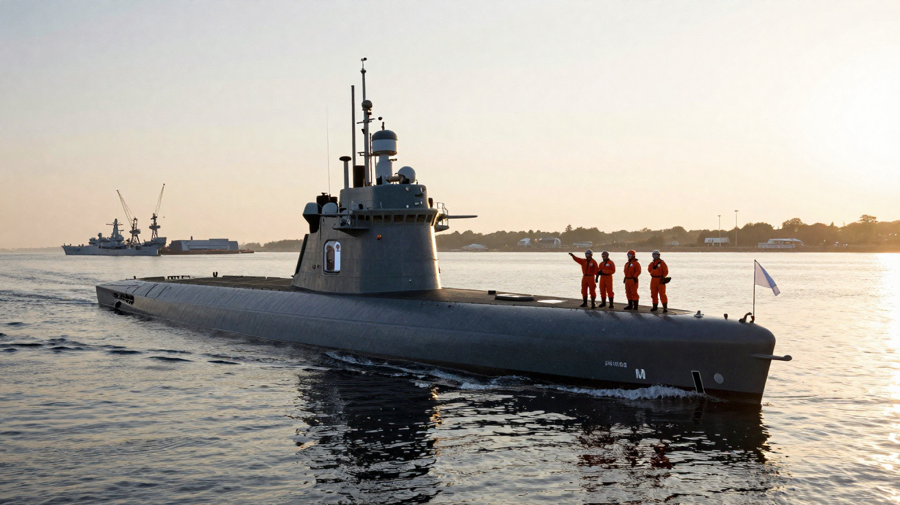 Submarino militar na água ao pôr do sol com quatro tripulantes em fato laranja no convés.