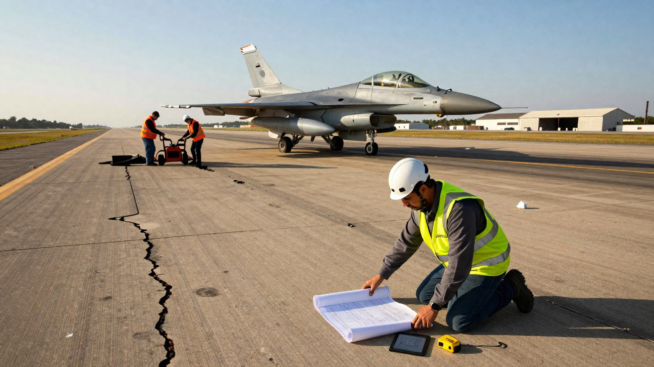 Técnicos em colete e capacete inspecionam fenda na pista de aeroporto militar com avião de caça estacionado.