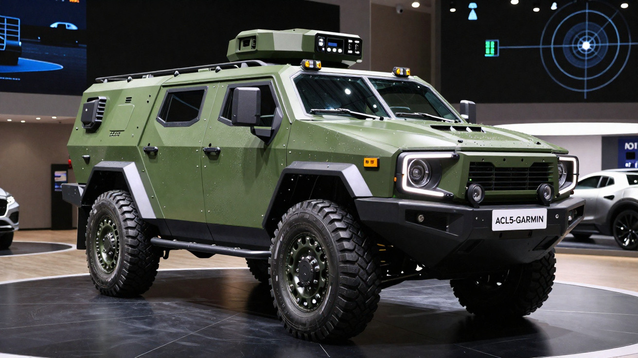 Veículo militar todo-o-terreno verde com pneus grandes e estrutura robusta exposto em salão automóvel.