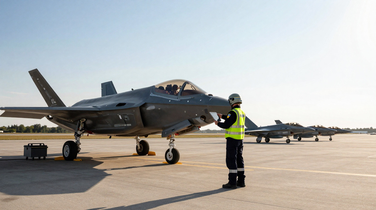 Militar com colete refletor verifica jato de combate estacionado numa pista de aeroporto sob céu limpo.