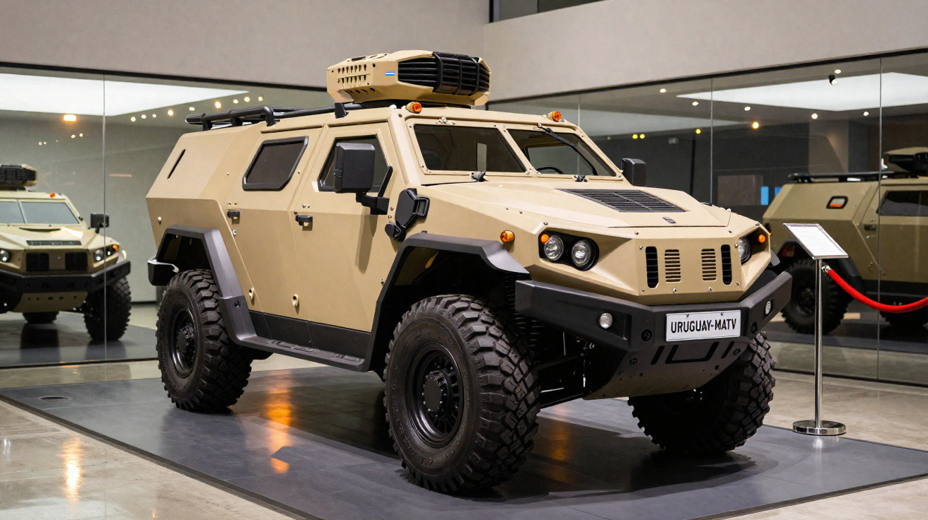 Veículo blindado militar bege com grandes pneus todo-o-terreno exposto numa sala com paredes de vidro.