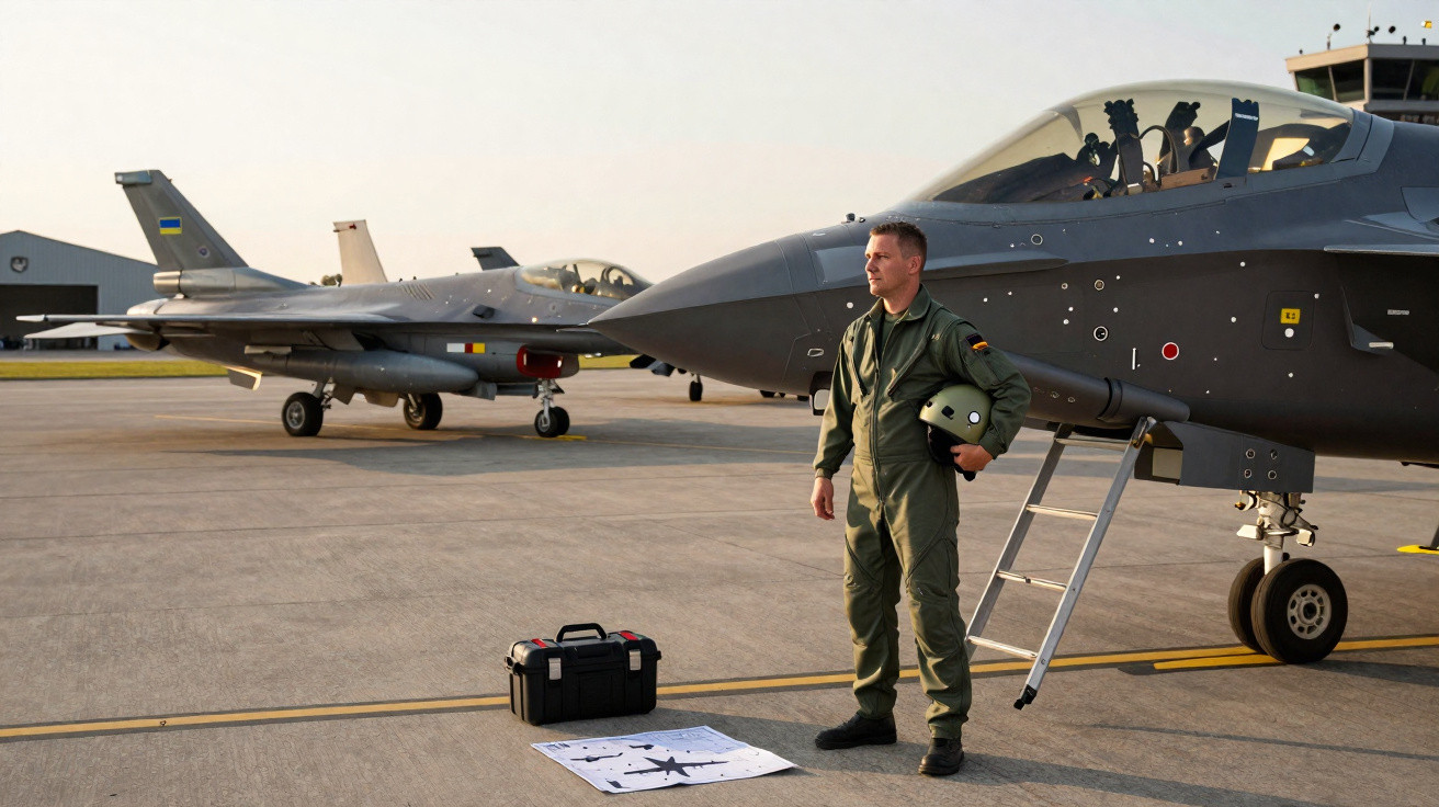 Piloto militar junto a caça F-35C com capacete na mão num aeródromo ao entardecer.
