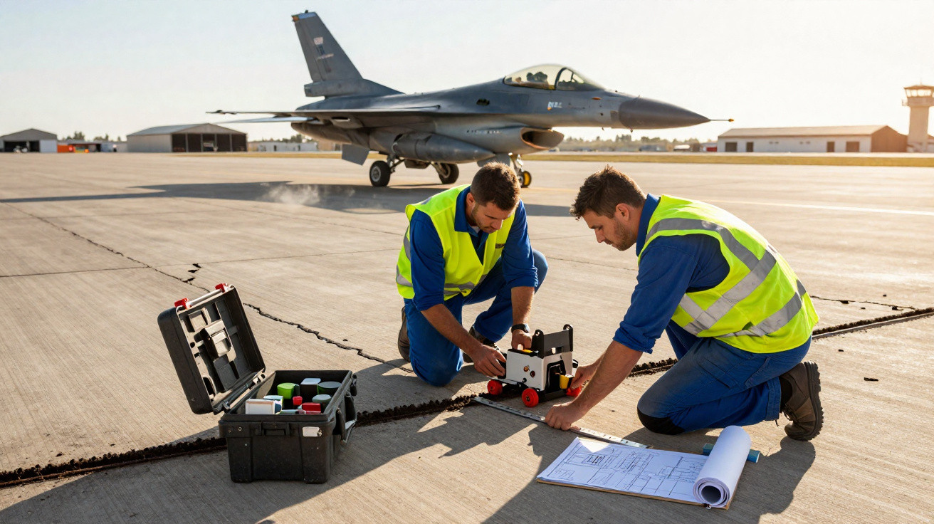 Técnicos de manutenção no solo a trabalhar com equipamentos e planta junto a um caça militar numa pista de aeroportos.