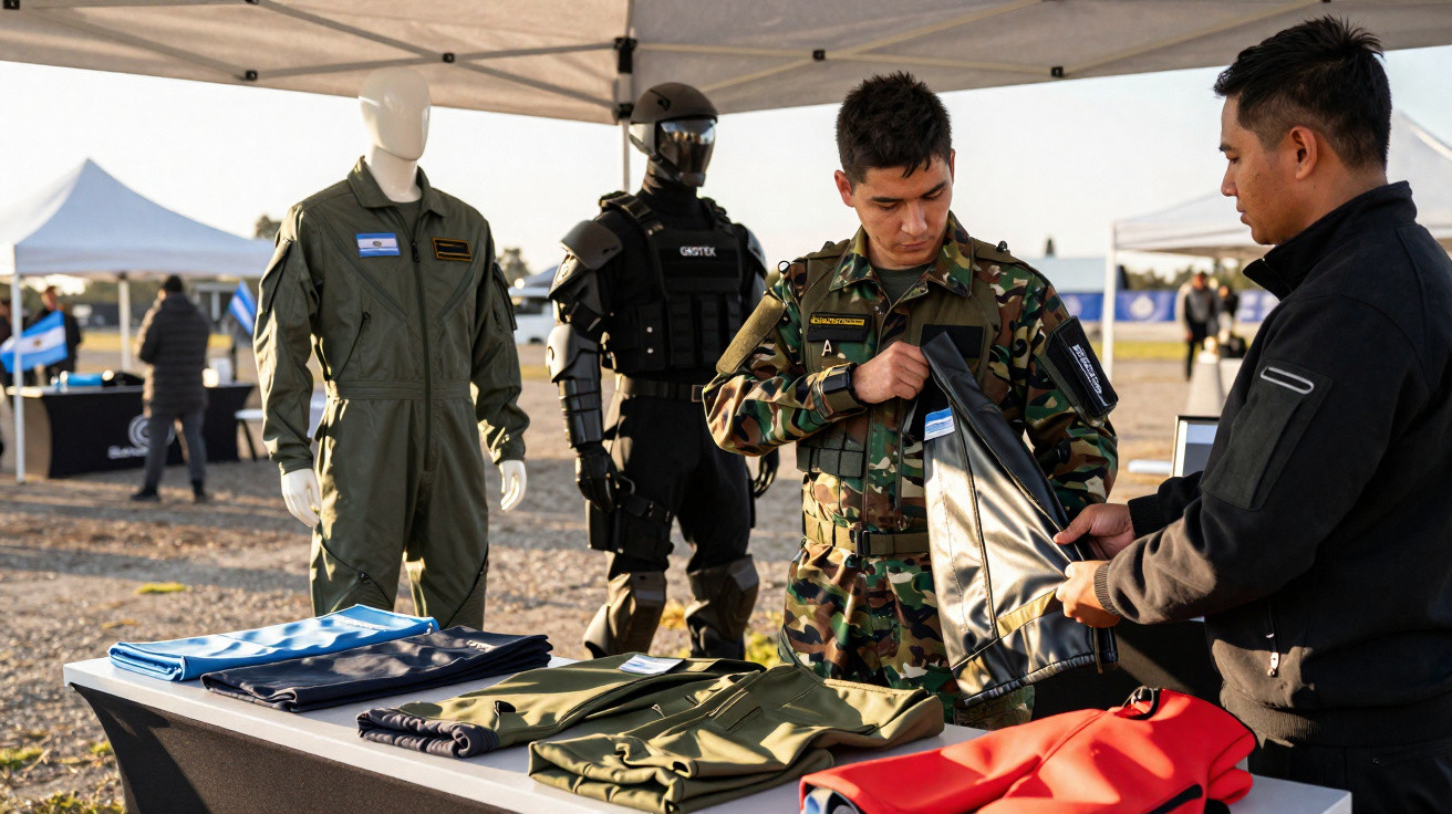 Duas pessoas examinam roupas militares expostas numa mesa, com manequins vestidos ao fundo numa feira ao ar livre.
