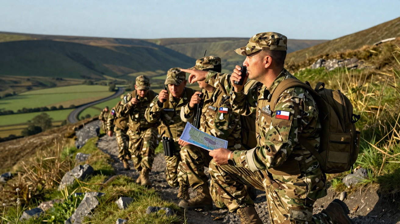 Soldados em uniforme camuflado fazem caminhada e comunicação por rádio numa encosta com paisagem rural ao fundo.