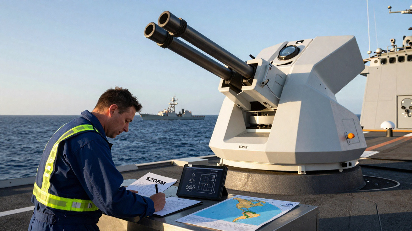 Marinheiro em navio militar a escrever em documento junto a canhão duplo com outro navio ao fundo no mar.