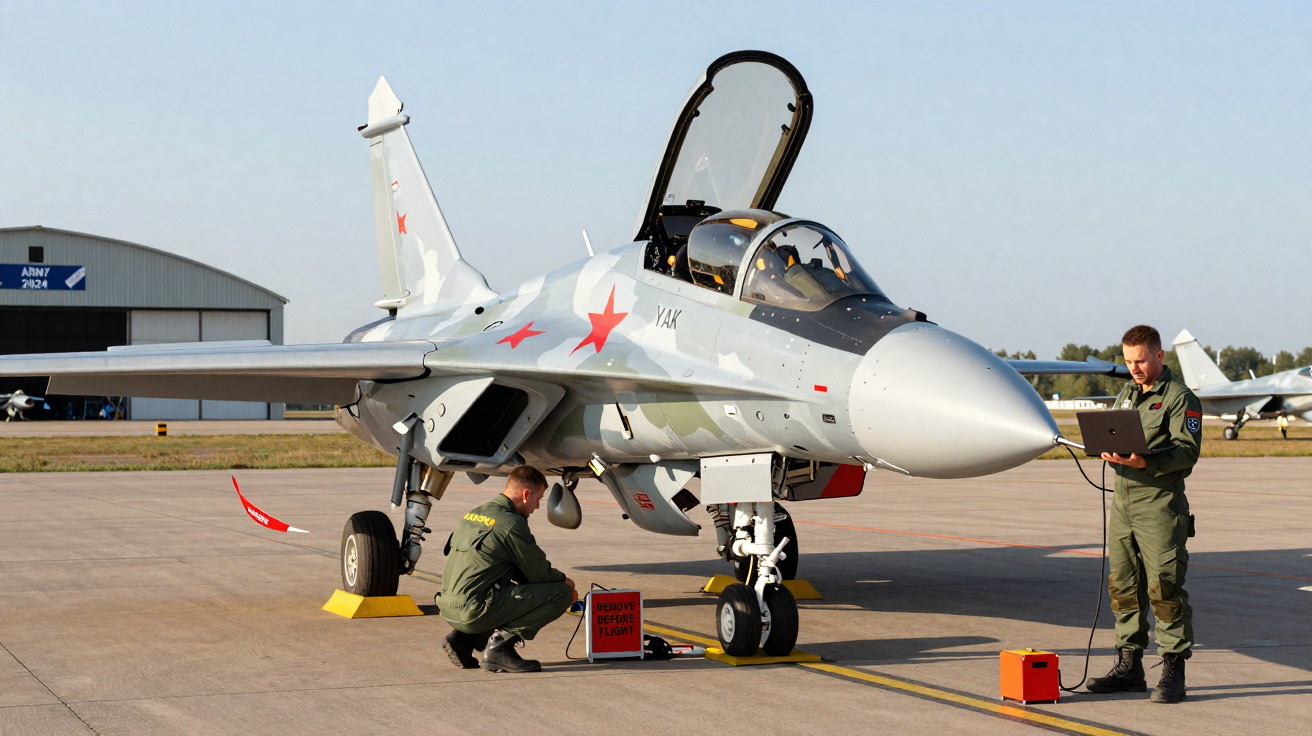 Caça militar camuflado com estrelas vermelhas estático na pista com dois técnicos no solo realizando verificações.
