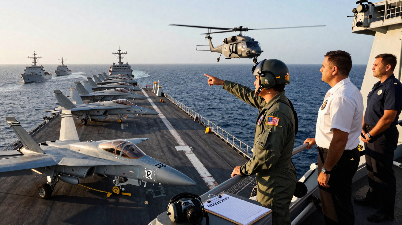 Tripulação militar observa helicóptero sobrevoando porta-aviões com aviões e navios de guerra no mar.