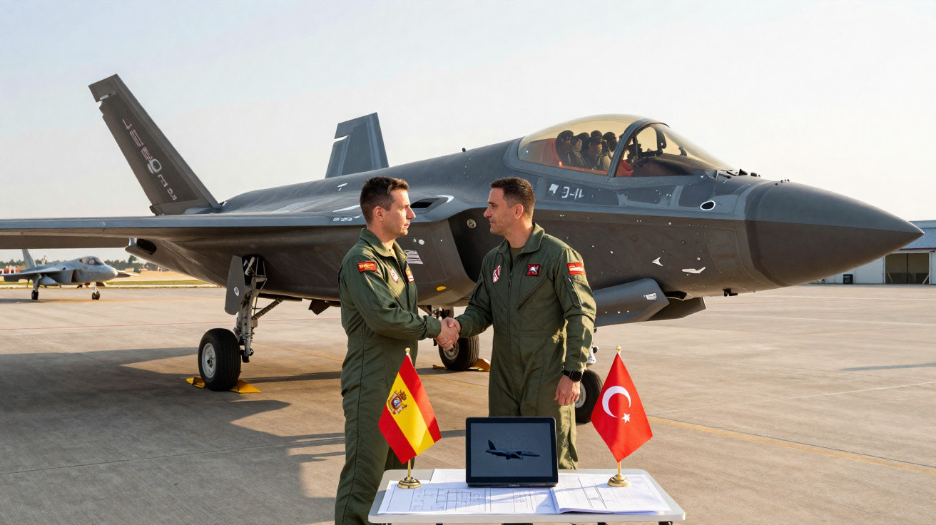 Dois pilotos militares a apertar as mãos junto a um avião de caça F-35, com bandeiras de Espanha e Turquia numa mesa à frente