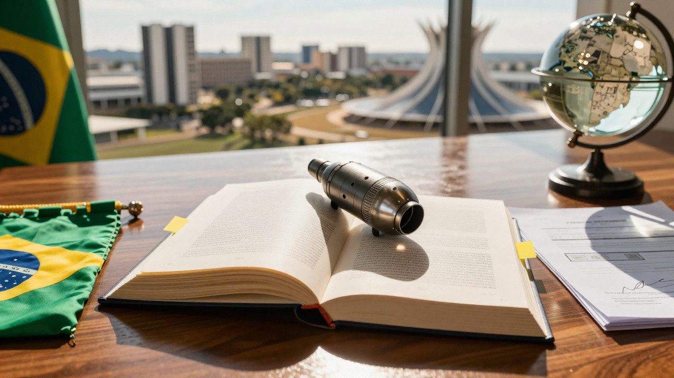 Livro aberto com equipamento óptico, mini globo terrestre e bandeira do Brasil em mesa, com edifício ao fundo.