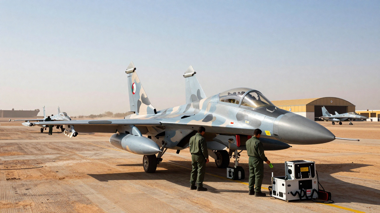Avião militar camuflado cinzento com dois pilotos e técnicos em aeroporto deserto ao amanhecer.