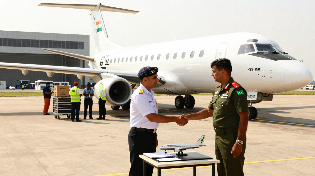 Dois militares apertam as mãos em frente a um avião branco estacionado num aeroporto.