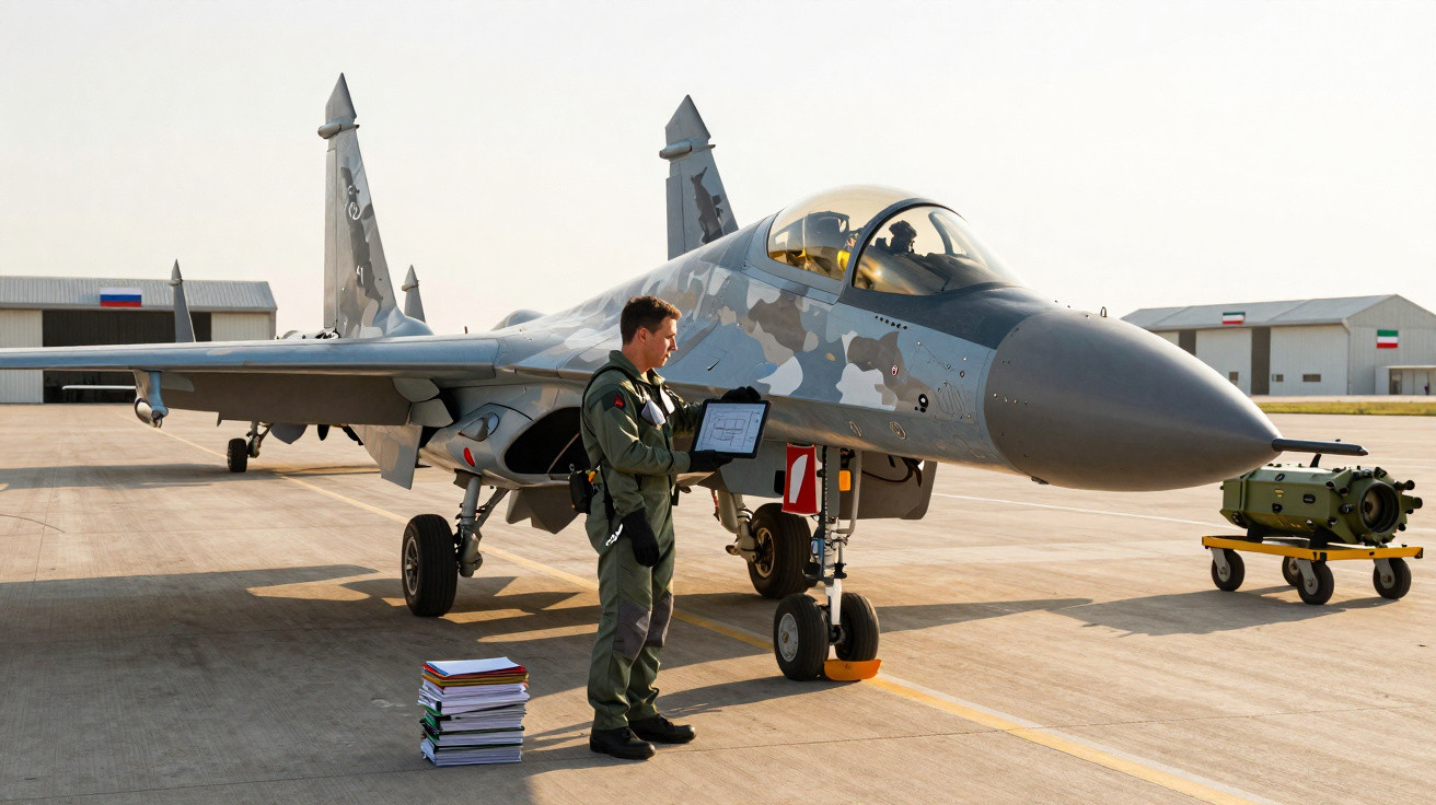 Piloto com farda militar verifica documentos junto a caça militar estacionado numa pista de aeroporto.