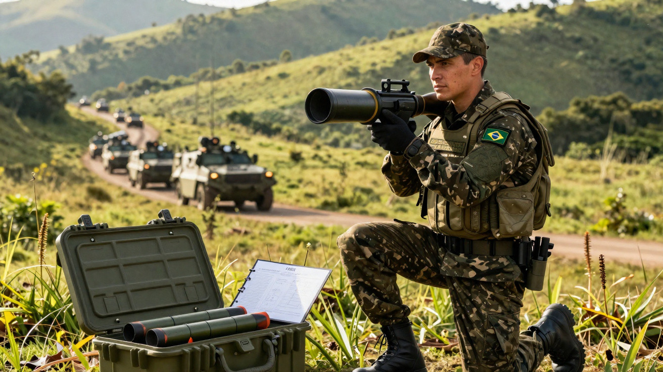 Soldado brasileiro em uniforme camuflado agachado, segurando míssil anti-carro, com veículos militares ao fundo em estrada ru