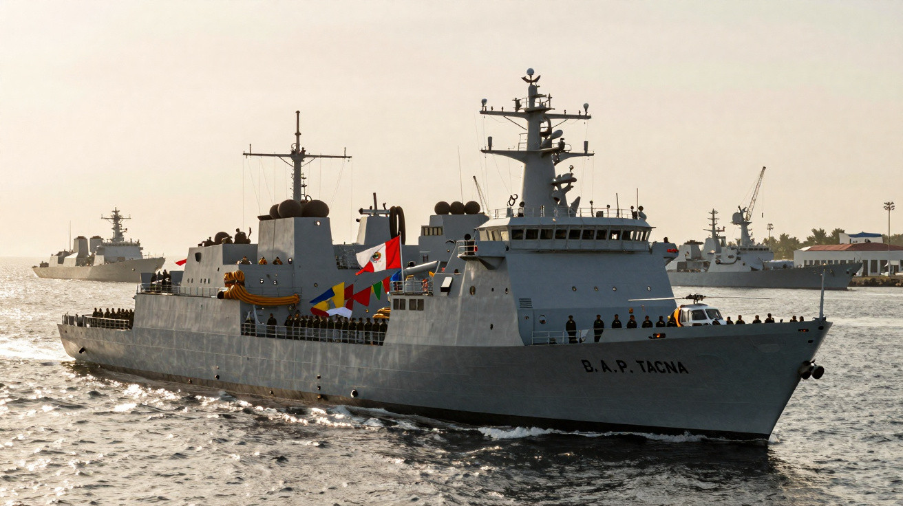 Navio de guerra B.A.P. Tacna em mar calmo com tripulação na apresentação, bandeira do Peru hasteada.