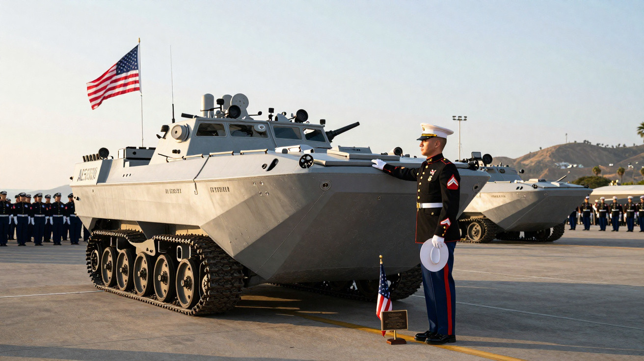 Fuzileiro naval dos EUA em uniforme formal junto a veículo blindado sobre lagartas com bandeira americana.
