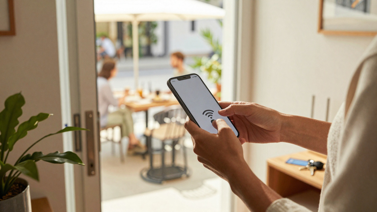 Pessoa a ligar Wi-Fi num smartphone, com três pessoas sentadas numa área externa ao fundo desfocado.