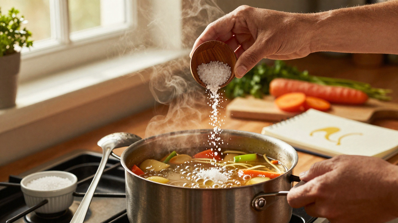 Pessoa a temperar sopa com sal numa panela em lume, com legumes e vapor visíveis na cozinha.