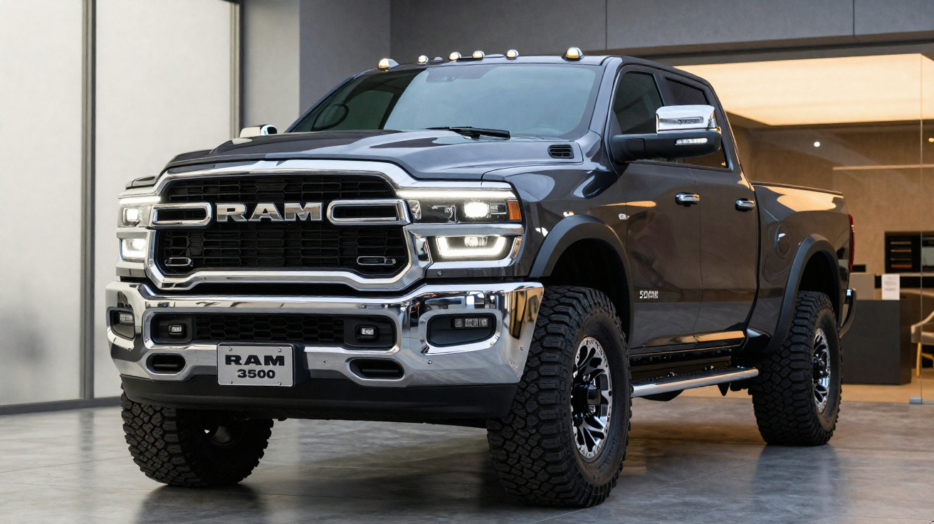 Pick-up RAM 2023 preta exibida numa loja moderna com jantes grandes e faróis acesos.