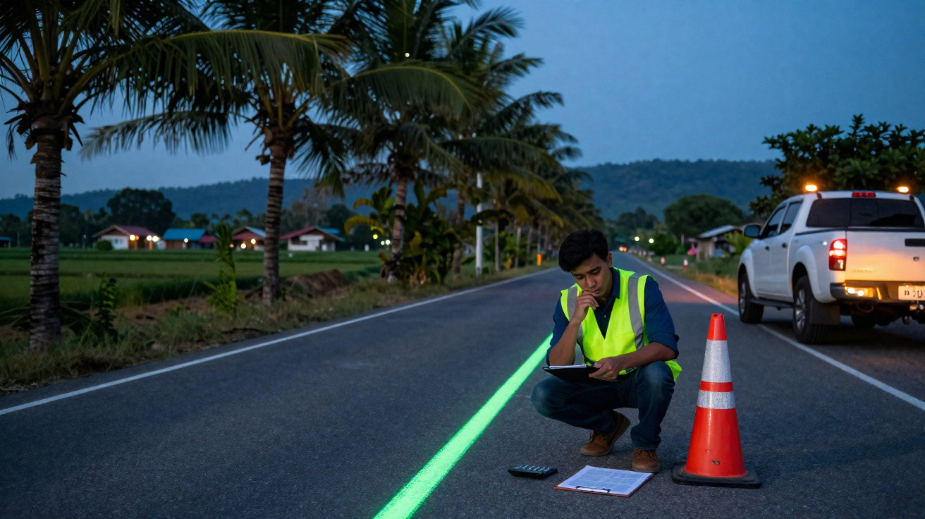 Homem com colete refletor a inspeccionar linha luminosa verde numa estrada à noite com cones e carrinha ao fundo.