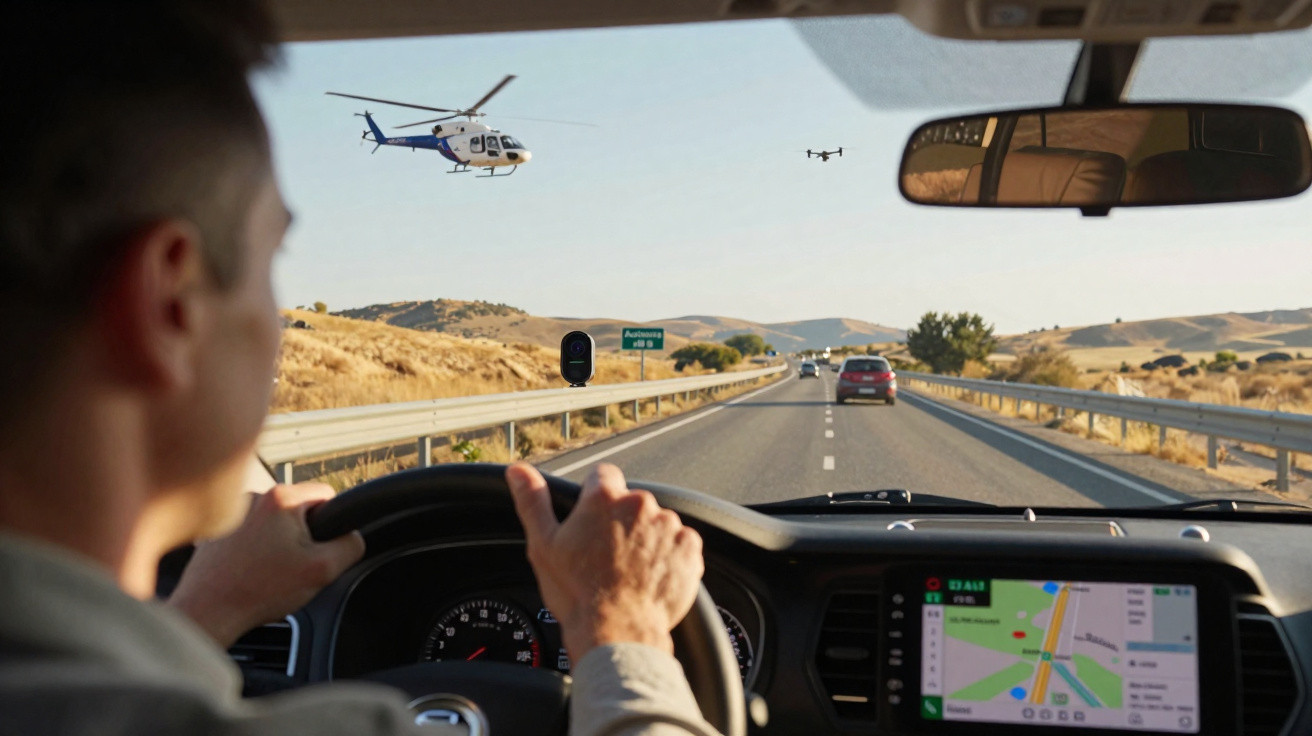 Interior de carro com duas pessoas, estrada à frente, helicóptero ao longe e espelho retrovisor refletindo rosto do condutor.