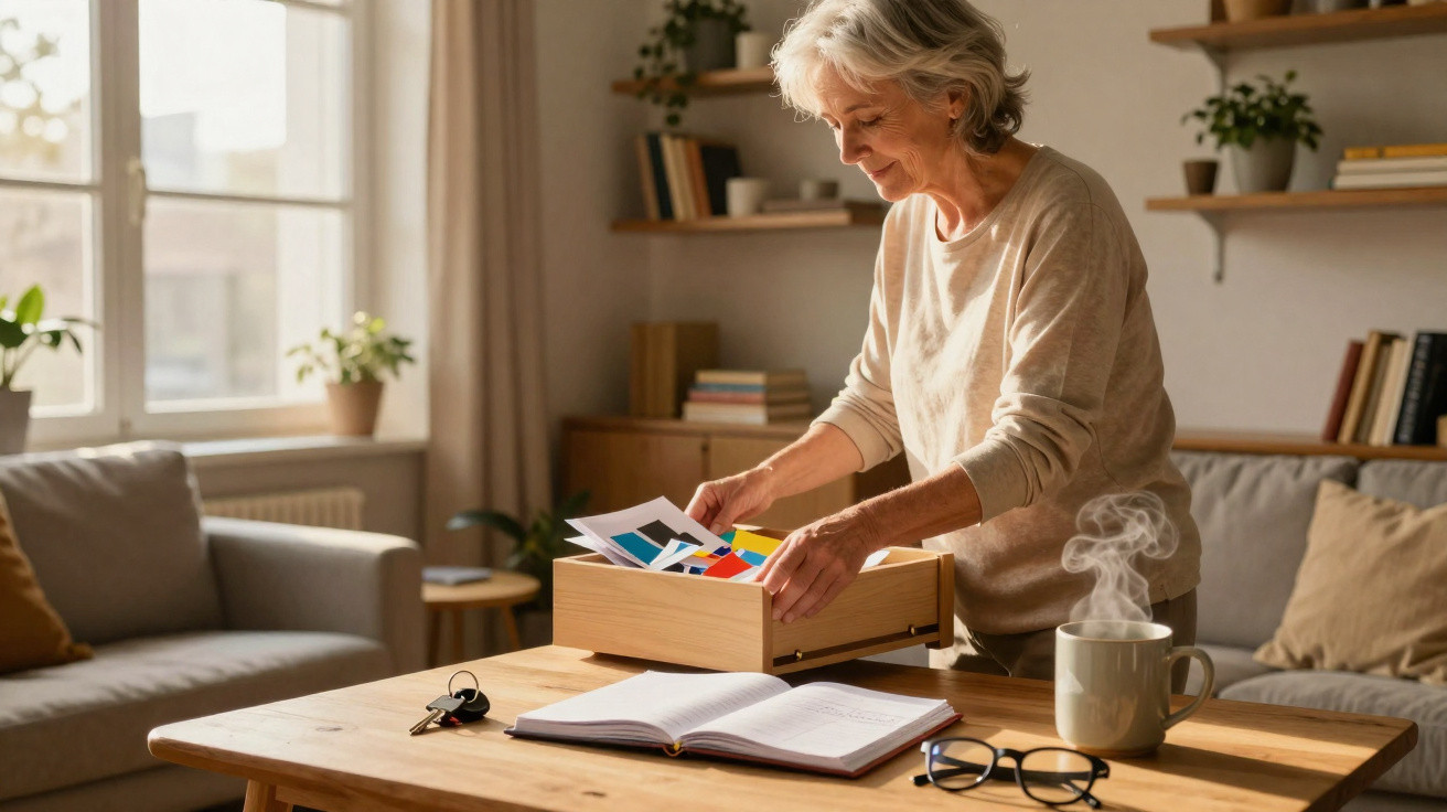 Mulher sénior a organizar papéis coloridos numa gaveta, com mesa, caderno, óculos e chá ao vapor.