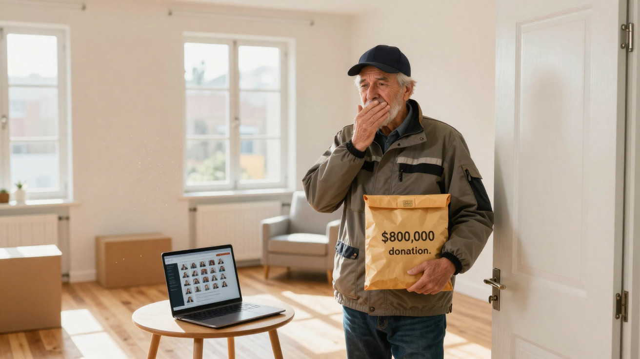 Homem idoso surpreendido segura envelope com donativo de 800 mil dólares numa casa iluminada.