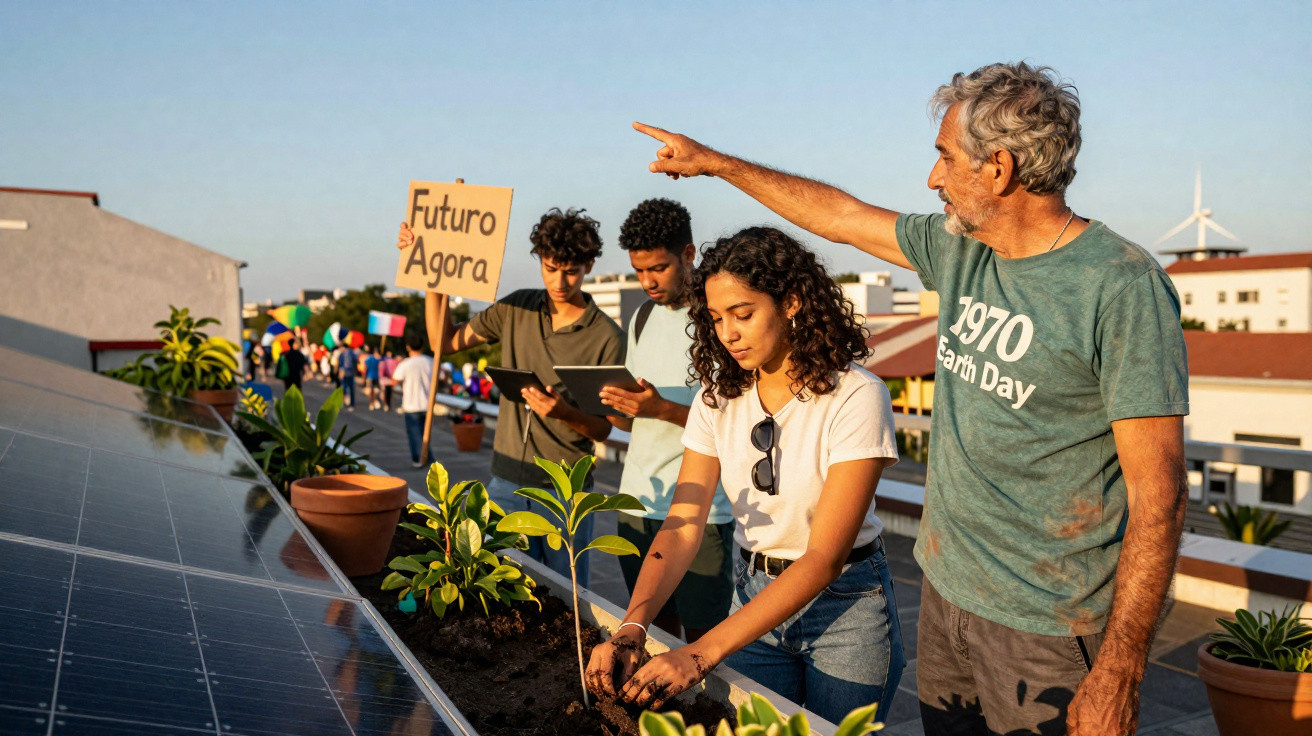 Grupo diverso de pessoas num telhado com painéis solares, cuidando de plantas e segurando placa “Futuro Agora”.